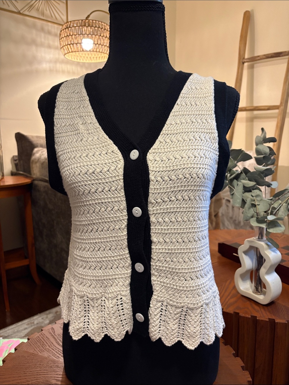 Cream Knit Button-Front Sweater Vest with Black Trim